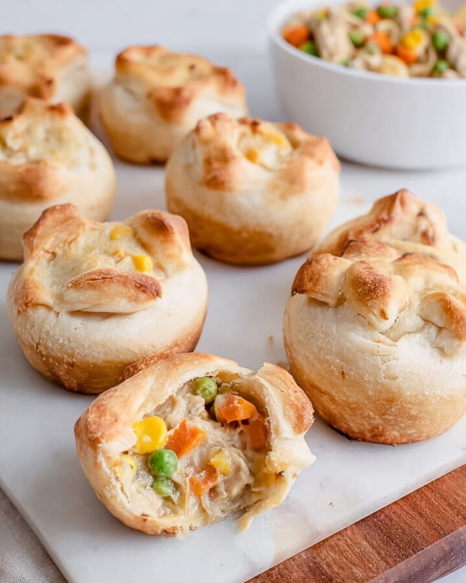 The image shows seven small baked pastries with golden-brown, slightly crispy tops and light beige crusts. Each pastry is round with the edges pinched and folded to close, forming a sealed bundle shape. One pastry at the front is broken open, revealing a creamy inside with chunks of orange carrot, yellow corn, green peas, and pieces of chicken. They are placed on a white marbled flat surface with a wooden edge visible on the right side. In the background, a white bowl with more mixed vegetables or filling can be partially seen. Photo taken with an iphone --ar 4:5 --v 7