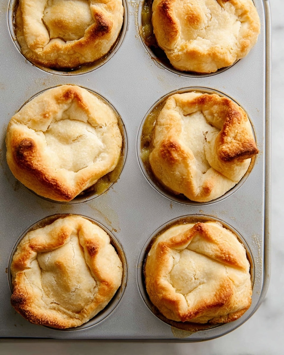 A close-up view of six small pies baked in a muffin tin, each with a golden-brown top crust that is folded and slightly overlapping, showing soft, biscuit-like texture with some light browning at the edges; the pies sit snugly in each round tin mold with some juice slightly leaking out around the edges. The muffin tin is a plain metal color, and it rests on a white marbled surface. The image captures the warm, homemade look of the pies, highlighting the uneven, rustic shapes of the crusts. photo taken with an iphone --ar 4:5 --v 7