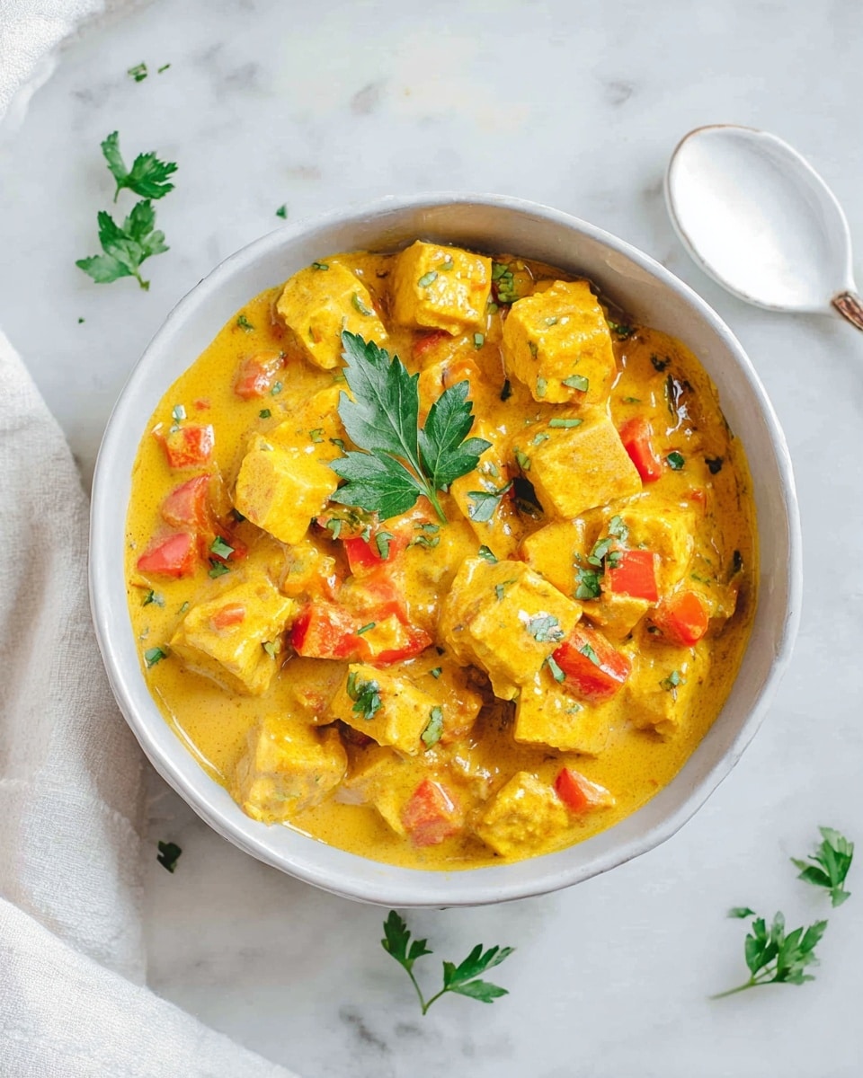 A round white bowl is filled with a thick yellow curry sauce, covering medium-sized cubes of tofu that have a soft texture. Scattered within the creamy sauce are small pieces of red bell pepper, adding a splash of orange-red color. Fresh green parsley leaves rest on top of the curry, adding a touch of vivid green contrast. The bowl is placed on a white marbled surface with some parsley leaves scattered around it. A white spoon lies nearby accompanied by a white cloth in the background. Photo taken with an iphone --ar 4:5 --v 7