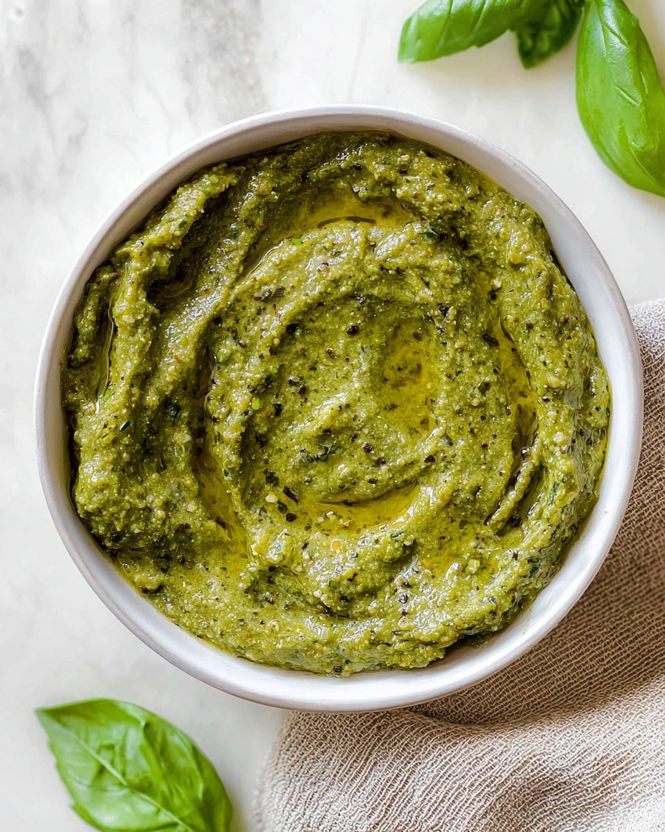 A white bowl filled with green pesto sauce that has a thick, slightly chunky texture and is swirled to show creamy layers with a shiny finish on top from olive oil. The bowl sits on a white marbled surface next to a beige textured cloth and two fresh green basil leaves placed nearby. The sauce looks rich with small bits of herbs visible throughout. photo taken with an iphone --ar 4:5 --v 7