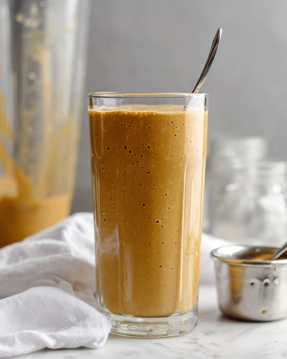 A tall clear glass is being filled with a thick, creamy smoothie that is light brown with small darker specks throughout. The smoothie flows smoothly from a clear blender container into the glass. The glass stands on a white marbled surface next to a metallic measuring cup with some smoothie residue and a soft white cloth. The background is softly blurred, adding focus to the glass and the pouring action. photo taken with an iphone --ar 4:5 --v 7