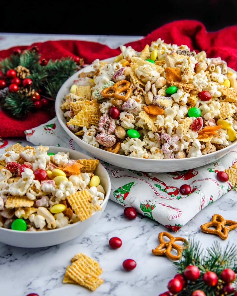 A white round bowl filled with a colorful Christmas snack mix sits on a white marbled surface with a white cloth nearby decorated with red berries and green leaves. The snack mix contains four main layers: the base layer has small round puffed cereal pieces covered in white yogurt or icing, the second layer has yellowish cone-shaped corn chips with a crisp texture, the third layer contains small brown pretzels spread throughout, and the top layer has red and green candy-coated chocolate pieces scattered all over. Some of the mix pieces and pretzels are spilled around the bowl on the surface, adding a casual look. Behind the main bowl is a smaller white bowl filled with the same mix. photo taken with an iphone --ar 4:5 --v 7