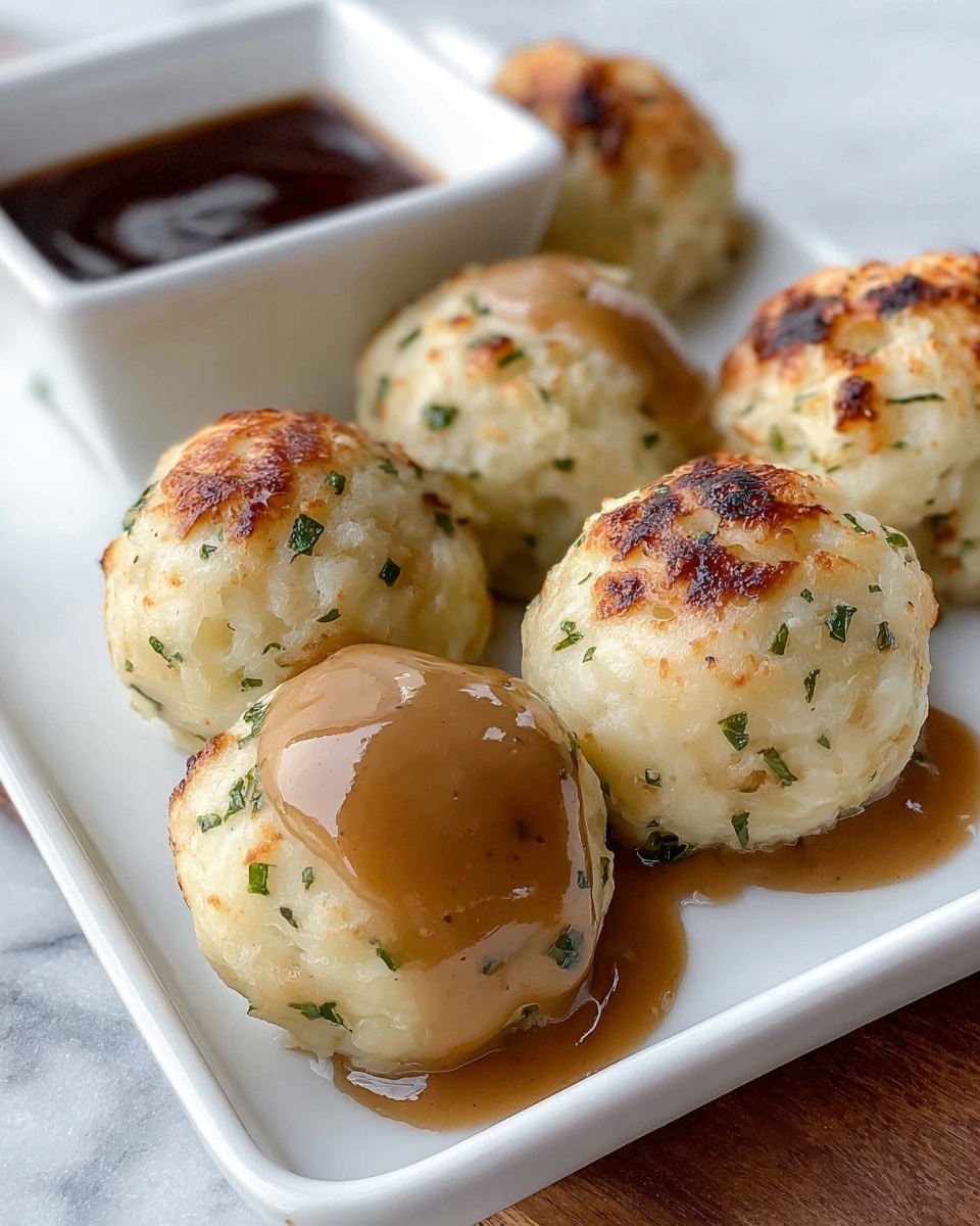 Six round mashed potato balls with small green herbs mixed in are arranged on a white rectangular plate on a white marbled surface. The front three balls are covered with a smooth light brown gravy, with the middle one having a glossy shine reflecting light. The other three balls at the back have a golden-brown crust on top. On the top left corner of the plate is a small white rectangular bowl filled with dark brown sauce. The texture of the potato balls looks soft and creamy with slight charring on some parts. Photo taken with an iphone --ar 4:5 --v 7
