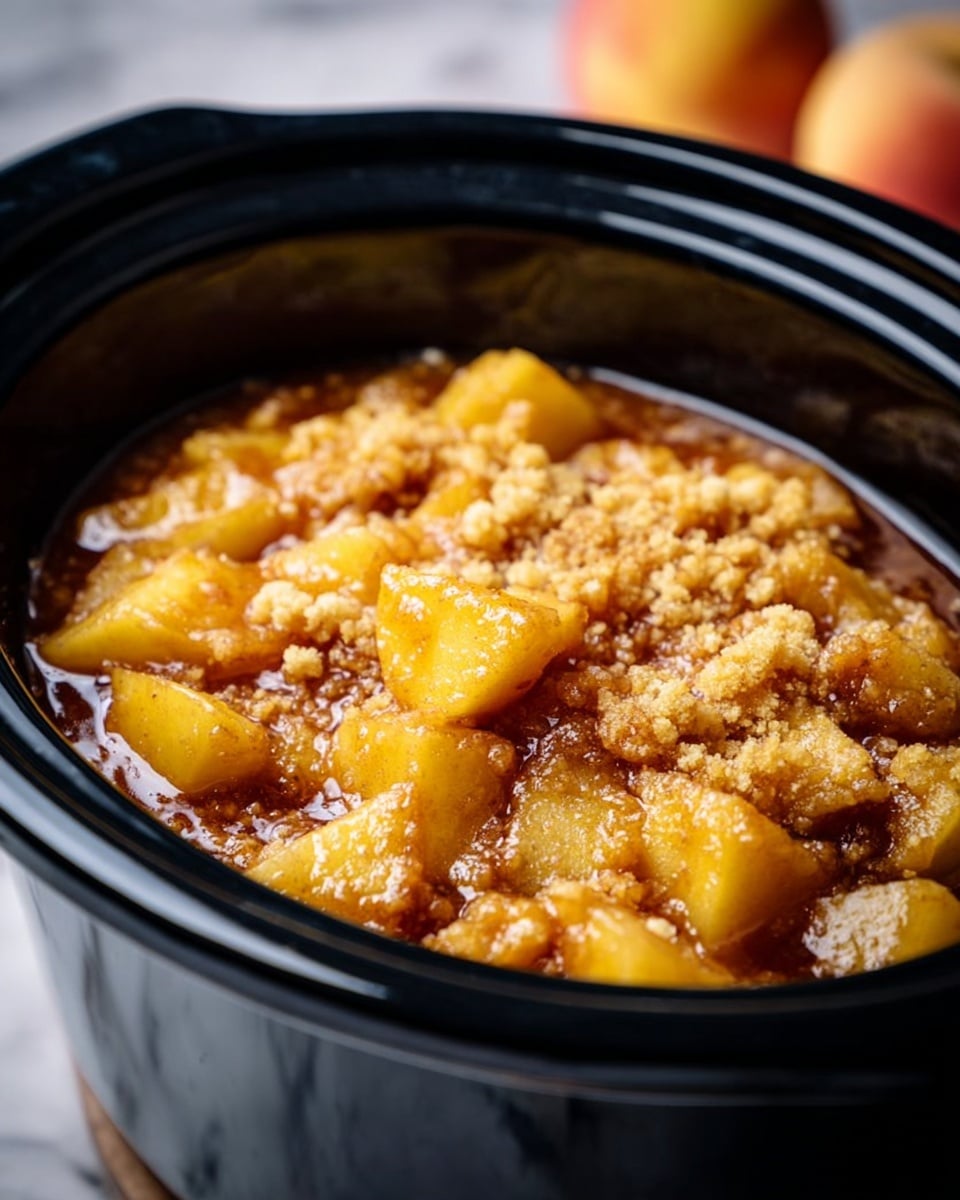 A close-up view of a black slow cooker filled with a homemade apple dessert. The dish has chunky golden-yellow apple pieces mixed with a thick, shiny brown sauce that looks sticky and sweet. On top, there is a crumbly layer of light golden brown crust crumbs, adding a rough texture that covers the apples unevenly. The black edge of the slow cooker contrasts with the warm colors of the dessert inside. The background shows a blurred white marbled surface and a faintly visible peach-colored fruit. Photo taken with an iphone --ar 4:5 --v 7