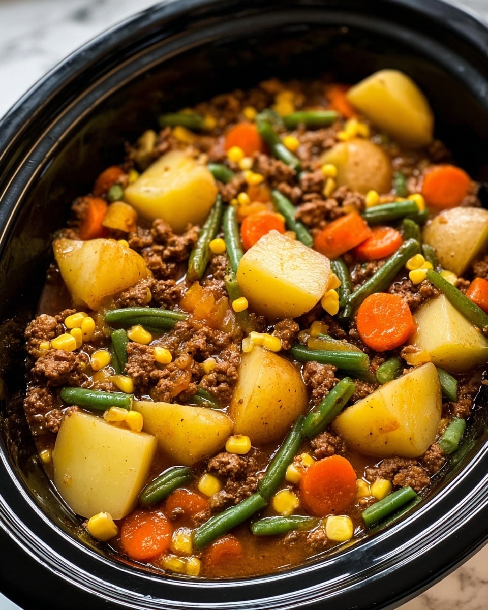 The image shows a close-up of a dish in a white bowl filled with several layers of cooked food. The base layer consists of brown ground meat with a crumbly texture, mixed evenly throughout. Among the meat are chunks of light yellow potatoes with smooth, slightly shiny skins, cut into medium-sized pieces. Scattered throughout the dish are bright yellow corn kernels, along with fresh green beans that add contrast with their firm, smooth texture. Small pieces of orange carrots and bits of small green peas are spread evenly, adding pops of color. The entire dish is coated lightly with a glossy brown sauce that ties all the ingredients together. The bowl is placed on a white marbled surface. photo taken with an iphone --ar 4:5 --v 7