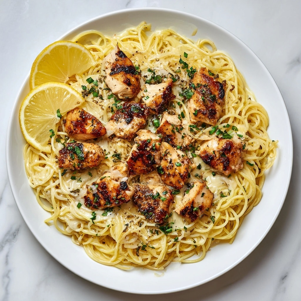 A white plate holds a serving of creamy pasta with golden-yellow spaghetti forming the base layer, coated lightly in sauce with a smooth texture and a slight gloss. On top, there are several pieces of seared chicken breast, cooked to a golden brown with visible char marks adding a rough texture. The chicken pieces are scattered evenly, garnished with small bits of chopped fresh green herbs. Two thin lemon slices rest at the edge of the plate, adding a bright yellow color. The whole dish sits on a white marbled surface. Photo taken with an iphone --ar 4:5 --v 7