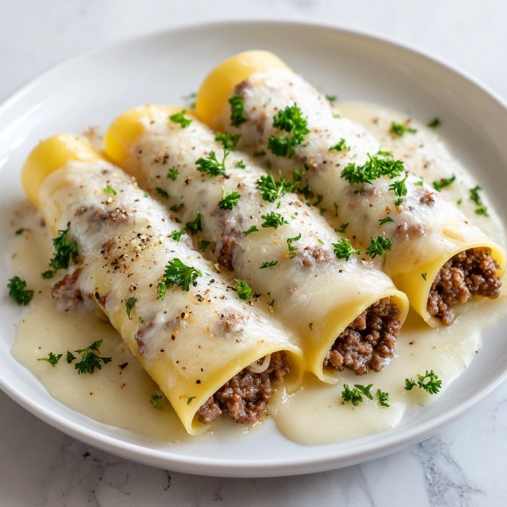 The image shows three rolled cannelloni pasta tubes filled with a browned ground meat mixture, placed side by side on a white plate. Each pasta tube is smooth and yellow, covered with a thick, creamy white cheese sauce that is melted and slightly browned on top. Small green parsley bits are sprinkled over the sauce, adding color and texture. There are black pepper specks scattered lightly across the cheese sauce. The sauce pools a little around the cannelloni on the plate, giving a glossy look to the dish. The background features a white marbled texture. photo taken with an iphone --ar 4:5 --v 7