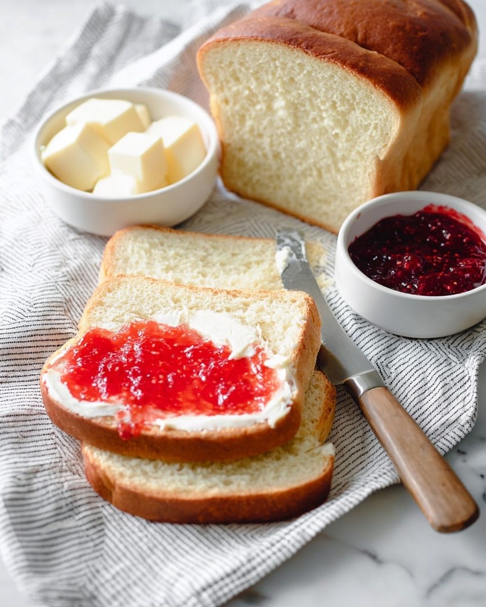 A partly sliced loaf of bread sits on a white striped cloth over a white marbled surface, with three slices of bread arranged in a row. The front slice is spread with a white creamy layer topped with a chunky red strawberry jam layer. A knife with a wooden handle rests diagonally on this slice, smeared with jam. Behind the bread, to the upper left, is a small white bowl filled with red jam, and to the upper right, another small white bowl contains thick white butter slices arranged neatly. Photo taken with an iphone --ar 4:5 --v 7