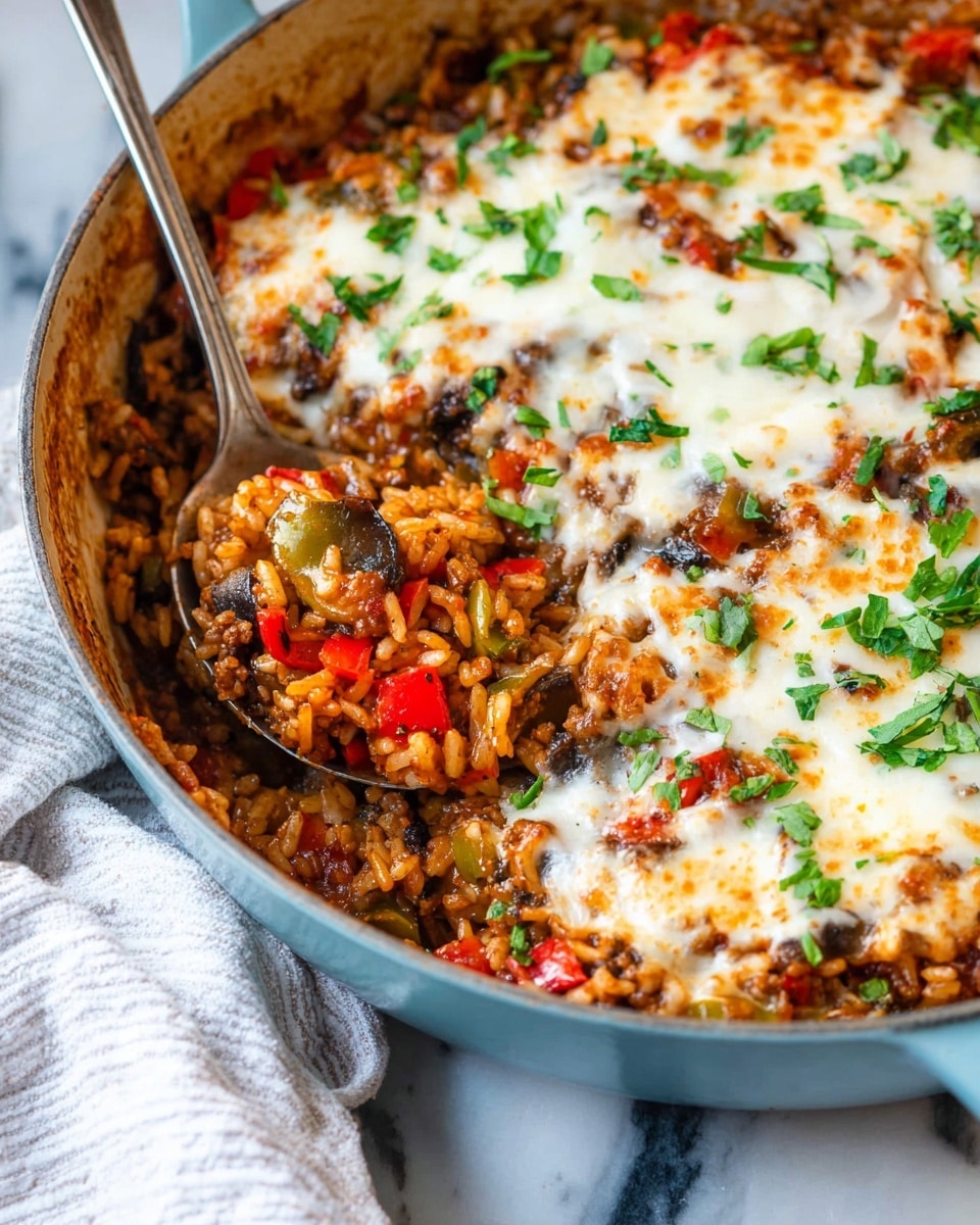 A single serving of a rice and vegetable casserole is placed in a white bowl with a rough, matte texture and a slightly raised rim. The dish shows one main layer consisting of cooked rice mixed with diced green, orange, and dark leafy vegetables, all held together by a melted light brown cheese topping with a glossy finish and sprinkled with fresh chopped green herbs. A silver fork with a long handle rests diagonally inside the bowl on the right side. The bowl sits on a dark wooden table with a visible grain texture, alongside a small black bowl filled with chopped green herbs, some scattered herb leaves, and a white and gray striped cloth partially draped on the right side. photo taken with an iphone --ar 4:5 --v 7