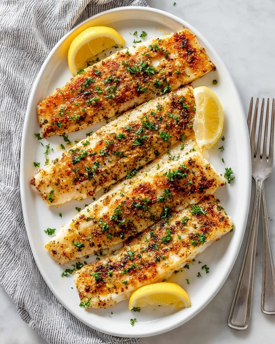 A white oval plate holds three cooked white fish fillets, each topped with a light brown seasoning and bright green chopped herbs unevenly sprinkled on top. Two lemon slices with a slightly charred surface sit under the top and middle fillets at the edge of the plate. The plate is on a white marbled surface with a silver fork partly visible on the right side. A folded white cloth with thin black stripes is tucked under the top left edge of the plate. photo taken with an iphone --ar 4:5 --v 7