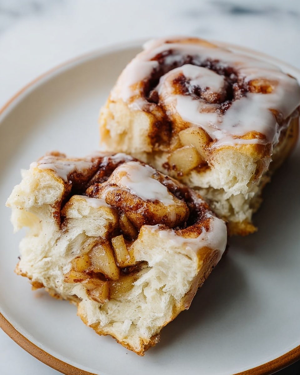 Two pieces of soft, thick cinnamon roll-like bread sit on a white plate, each piece cut to show layers of light cream dough with a slightly golden brown crust. Inside the layers, there are visible swirls of dark cinnamon and gooey, tender chunks of cooked apple, coated in a light syrupy glaze. A thin layer of white icing slightly covers the top parts of the bread, contrasting with the warm browns of the filling. The plate rests on a white marbled surface. photo taken with an iphone --ar 4:5 --v 7