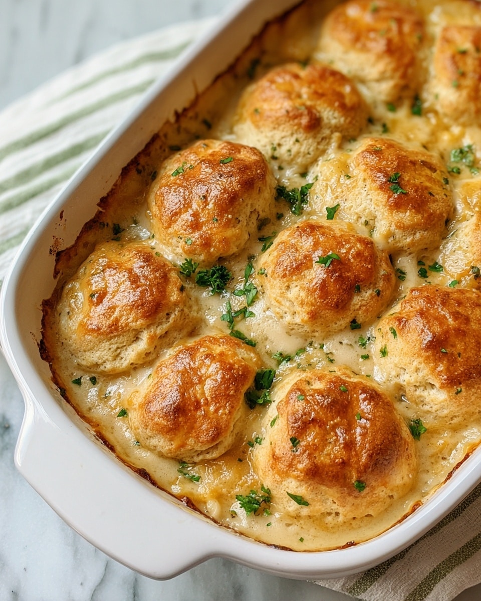 The image shows a white baking dish filled with a dish that has about nine golden-brown biscuit tops evenly spaced across the surface. Each biscuit is puffy and round with a browned crust that looks crispy. Between the biscuits, there is a creamy sauce that is pale yellow with a slightly glossy texture. Small, bright green chopped herbs are sprinkled over the top, adding color contrast. The edges of the sauce are bubbling slightly, and the dish rests on a white marbled surface. photo taken with an iphone --ar 4:5 --v 7