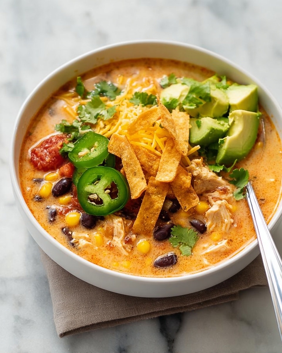 A close-up view of a large white pot filled with a thick orange soup, showing shredded chicken, black beans, yellow corn kernels, and diced red tomatoes mixed in. The soup is topped with small golden-brown crispy tortilla strips, scattered bright green cilantro leaves, and a light sprinkle of shredded yellow cheese. A large silver spoon rests inside the pot on the right side. The pot sits on a white marbled surface with fresh cilantro visible in the background. photo taken with an iphone --ar 4:5 --v 7