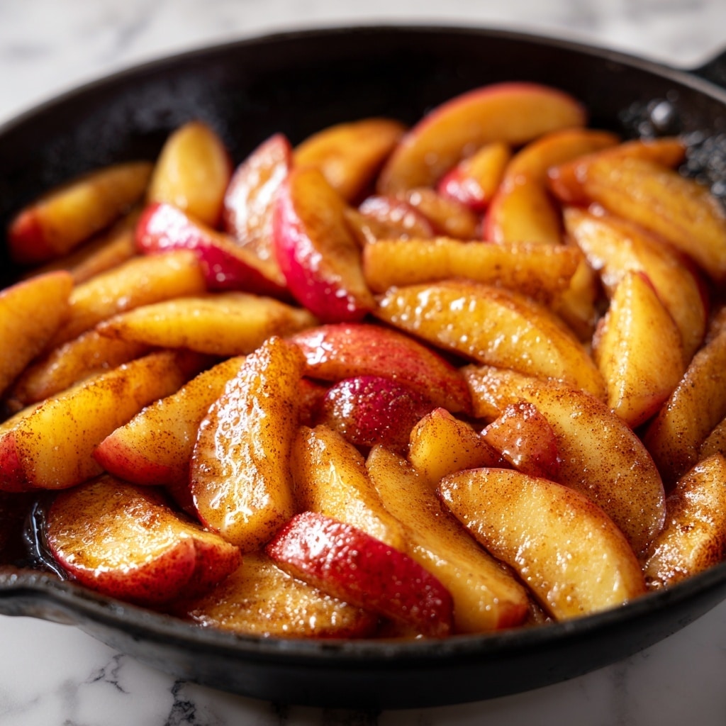 A close-up view of many cooked apple slices in a black skillet, each apple wedge showing a shiny, golden brown color with a light cinnamon coating that gives a slightly speckled texture; some wedges show red skin edges while others show the soft, cooked yellow flesh, all piled in an uneven, cozy heap inside the skillet, with warm caramelized tones and a soft glow highlighting their tender, moist surface, set against a white marbled background. photo taken with an iphone --ar 4:5 --v 7