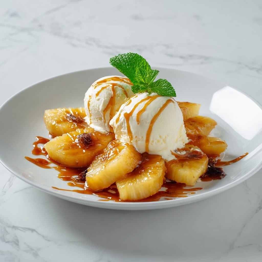 The dish shows a white plate with several caramelized golden-brown pineapple slices laid flat at the bottom. On top of the pineapples, there is a white scoop of melting vanilla ice cream with smooth texture, covered partly by a drizzle of amber caramel sauce. Dark, glossy caramelized banana slices and smaller bits are placed around and partly under the ice cream, adding a rich brown color and a sticky shiny texture. A fresh green mint leaf sticks out from the ice cream’s top, adding a fresh contrast. The plate is set on a white marbled surface with soft natural light highlighting the warm colors. photo taken with an iphone --ar 4:5 --v 7
