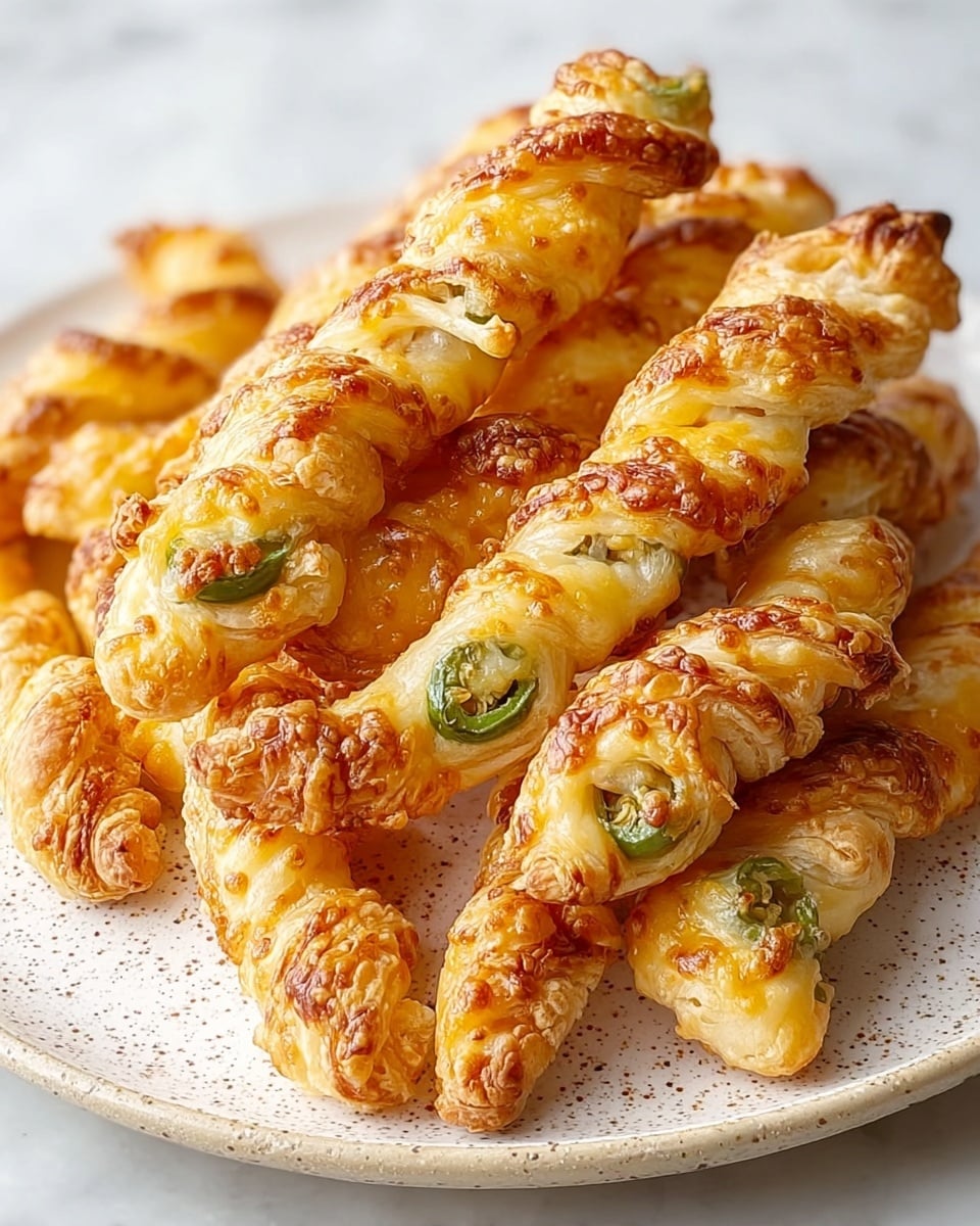 The image shows several twisted golden-brown pastry sticks placed closely together on a white plate. Each pastry stick has a visible spiral of melted cheese and small green jalapeño slices embedded throughout its flaky layers. The textures of the pastry range from crispy and browned edges to softer, creamier cheese spots. To the side of the plate, there is a small white bowl filled with creamy white dipping sauce, garnished with tiny green herb pieces. The background includes a white marbled surface with a hint of a blue cloth beneath the plate. photo taken with an iphone --ar 4:5 --v 7