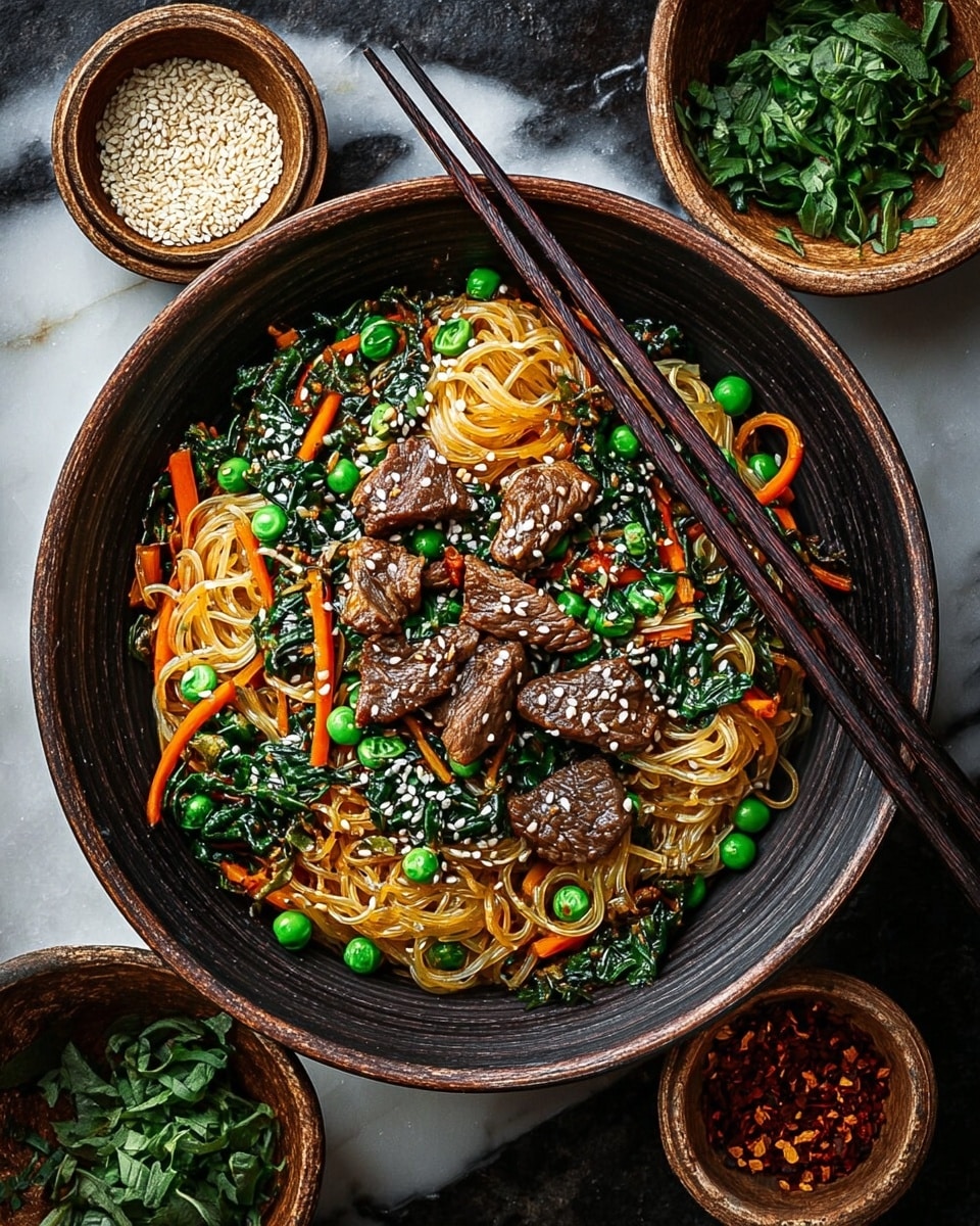 A round black pan filled with a colorful dish that has three main layers: at the bottom, a layer of glossy light brown glass noodles; on top of the noodles, there is a mix of bright orange shredded carrots and green leafy vegetables scattered throughout; the top layer includes several pieces of dark brown grilled beef sprinkled with white sesame seeds and small slices of green onion. The pan is placed on a white marbled surface, with a small white bowl of red sauce topped with sesame seeds to the side and a pair of light brown wooden chopsticks resting nearby. Photo taken with an iphone --ar 4:5 --v 7