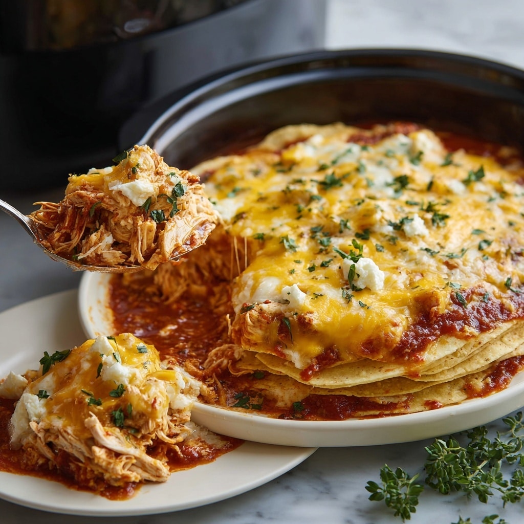 The dish shows a slow cooker filled with a cheesy, layered casserole. The bottom layer is a red tomato sauce mixed with shredded chicken, topped by soft, flat tortilla layers. Over these tortillas, there is a thick layer of melted, golden-yellow cheddar and white mozzarella cheese, with small green herb pieces sprinkled on top. A spoon is scooping some out, revealing a creamy, moist texture inside with chicken visible. In the foreground, there is a white plate with a portion of the casserole, resting on a white marbled surface with some green herbs beside it. Photo taken with an iphone --ar 4:5 --v 7