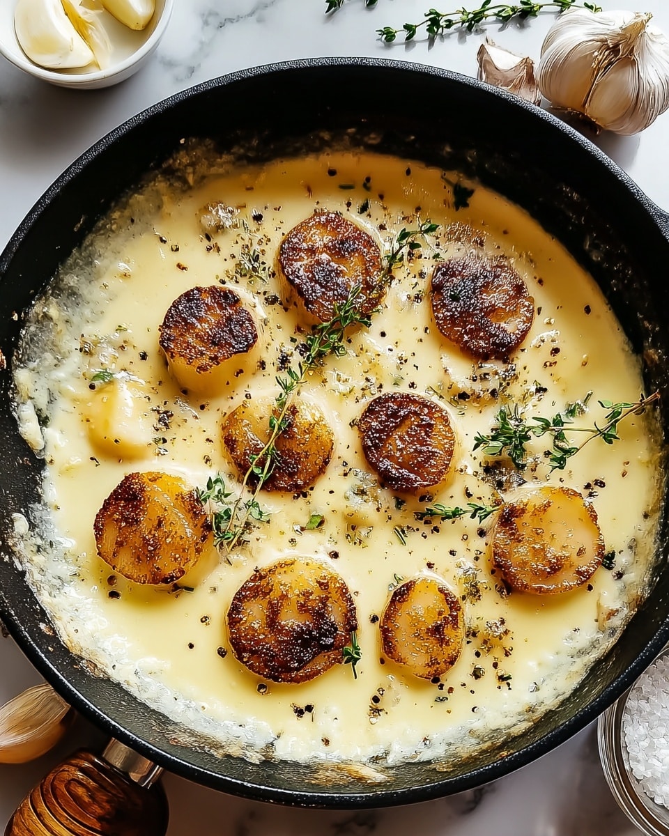 The dish is presented in a black cast iron skillet with two handles, filled with a creamy white cheese sauce. On top, there are one layer of round potato slices arranged in a circular pattern around the center, some slices are golden and slightly browned on the edges, while others are lighter in color. The cheese sauce covers the potatoes fully, having a smooth and shiny texture with slight bubbling around the sides. In the center, there is a small sprig of fresh green thyme with scattered thyme leaves and freshly cracked black pepper sprinkled evenly across the entire surface. The skillet rests on a brown cloth and a piece of wood, with a white marbled texture surface in the background. Photo taken with an iphone --ar 4:5 --v 7