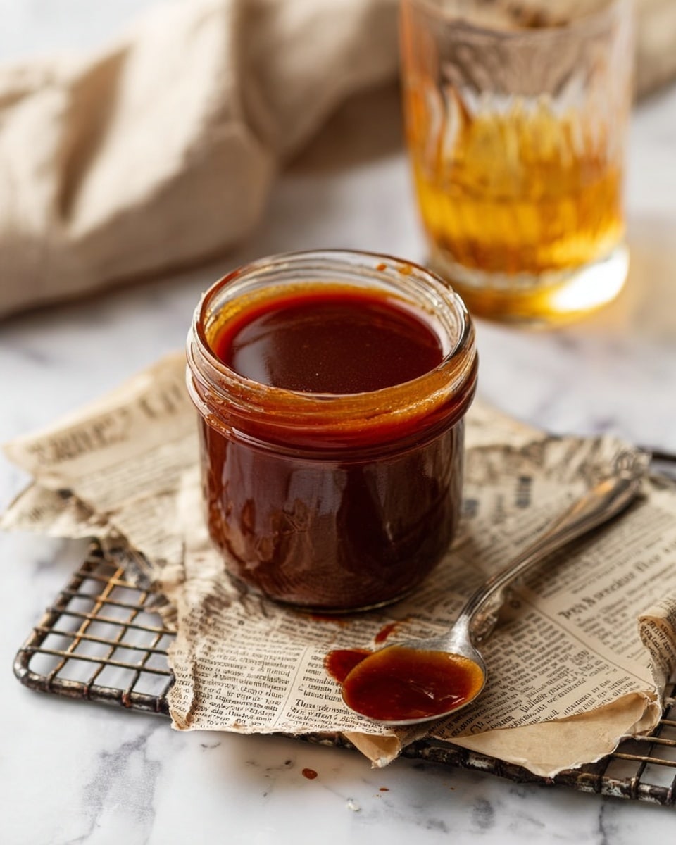 The image shows a glass jar filled with a thick, shiny dark brown sauce, almost full to the rim. The jar sits on a crumpled piece of vintage newspaper placed on a small white wire rack over a white marbled surface. To the left of the jar lies a silver spoon with some sauce on it, showing a glossy, rich texture. In the blurred background, there is a simple glass with a small amount of amber liquid. The scene has a soft, natural light with a neutral cloth partially visible in the top left corner. Photo taken with an iphone --ar 4:5 --v 7