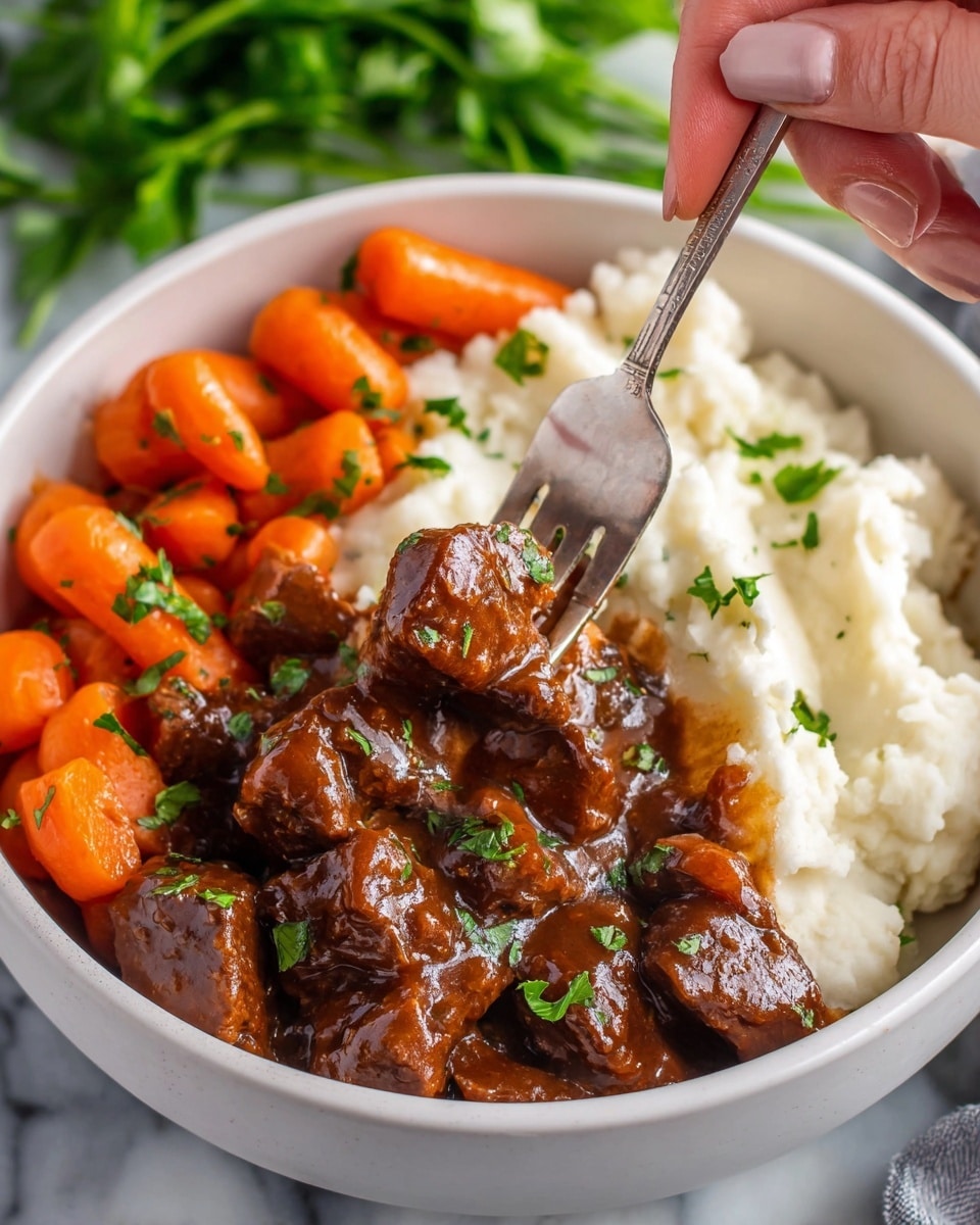 A white bowl holds a meal with three layers: on the left, bright orange glazed baby carrots with small green herb bits sprinkled on top; on the right, a base layer of creamy white mashed potatoes; over the mashed potatoes is a thick layer of dark brown beef stew chunks covered in rich gravy, garnished lightly with green herbs. A fork held by a woman's hand is lifting a piece of the beef stew. The bowl sits on a white marbled surface with scattered green parsley leaves in the background, creating a fresh look. Photo taken with an iphone --ar 4:5 --v 7