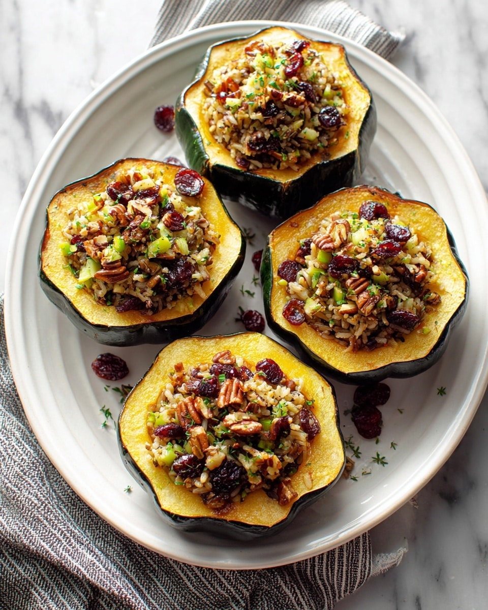 Five stuffed acorn squash halves are placed on a large white ceramic plate. Each squash half has a dark green outer peel with a scalloped edge and is filled with three visible layers: a smooth golden-yellow roasted flesh base, topped with a mixed filling of wild rice, small chopped green celery, red dried cranberries, and brown toasted pecans, all sprinkled lightly with chopped herbs. The plate rests on a white marbled surface with a grey and white striped cloth partially underneath. The dish looks warm and colorful, showing a mix of textures from soft squash to crunchy nuts. Photo taken with an iphone --ar 4:5 --v 7