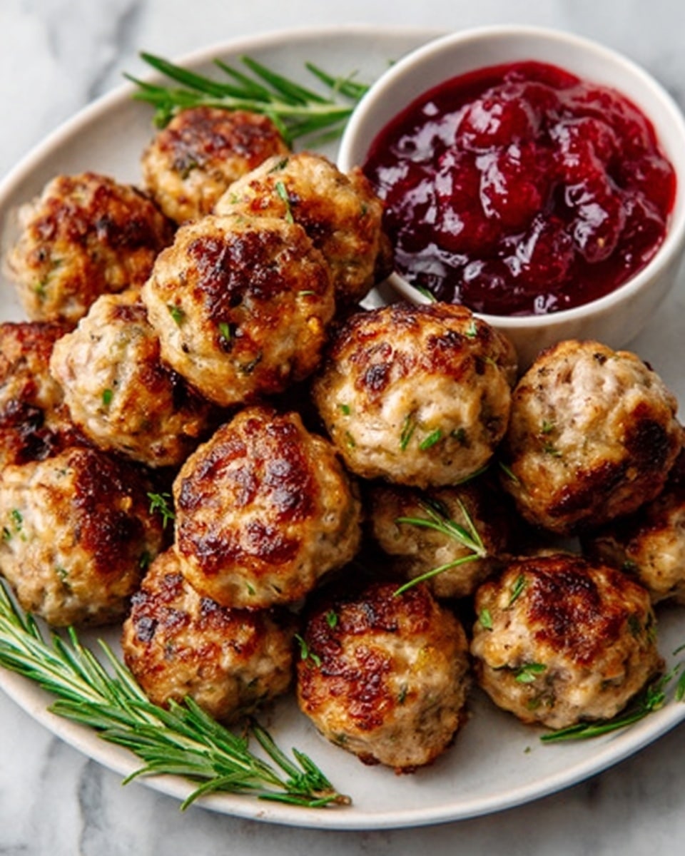 The image shows a white plate filled with golden-brown meatballs that have a slightly crispy texture with small bits of herbs and seasoning visible on their surface. The meatballs are arranged close together around a small white bowl filled with dark red cranberry sauce, which has a smooth but slightly chunky texture. There are sprigs of fresh rosemary placed around the meatballs for decoration. The background is a white marbled texture. photo taken with an iphone --ar 4:5 --v 7