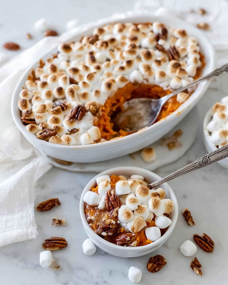 The image shows a baked dish with three clear layers inside a white oval baking dish. The bottom layer is a soft orange sweet potato mash, topped with a middle layer of white toasted mini marshmallows, evenly spread and browned with a slightly crispy texture. Scattered on the marshmallows are medium brown pecan pieces adding texture and contrast. A spoon is scooping a portion from the dish, revealing all layers, with the served portion on a small white round plate nearby showing the same three layers. The dish and plate sit on a white marbled surface with a white cloth partially visible. Some mini marshmallows and pecan pieces are scattered around the dishes. Photo taken with an iphone --ar 4:5 --v 7