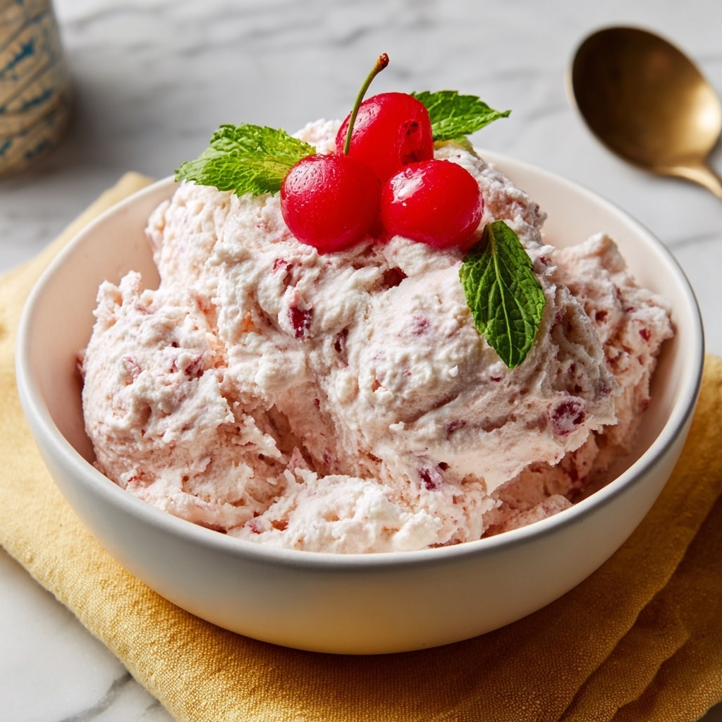 A white bowl is full and heaping with a thick, fluffy mixture that is light pink in color with small white bits scattered throughout, suggesting a creamy, chunky texture. On top, there are three bright red cherries and two green mint leaves, adding a pop of color and freshness to the dish. The bowl sits on a yellowish cloth over a white marbled surface, and in the blurred background, parts of cans and a spoon are visible. Photo taken with an iphone --ar 4:5 --v 7