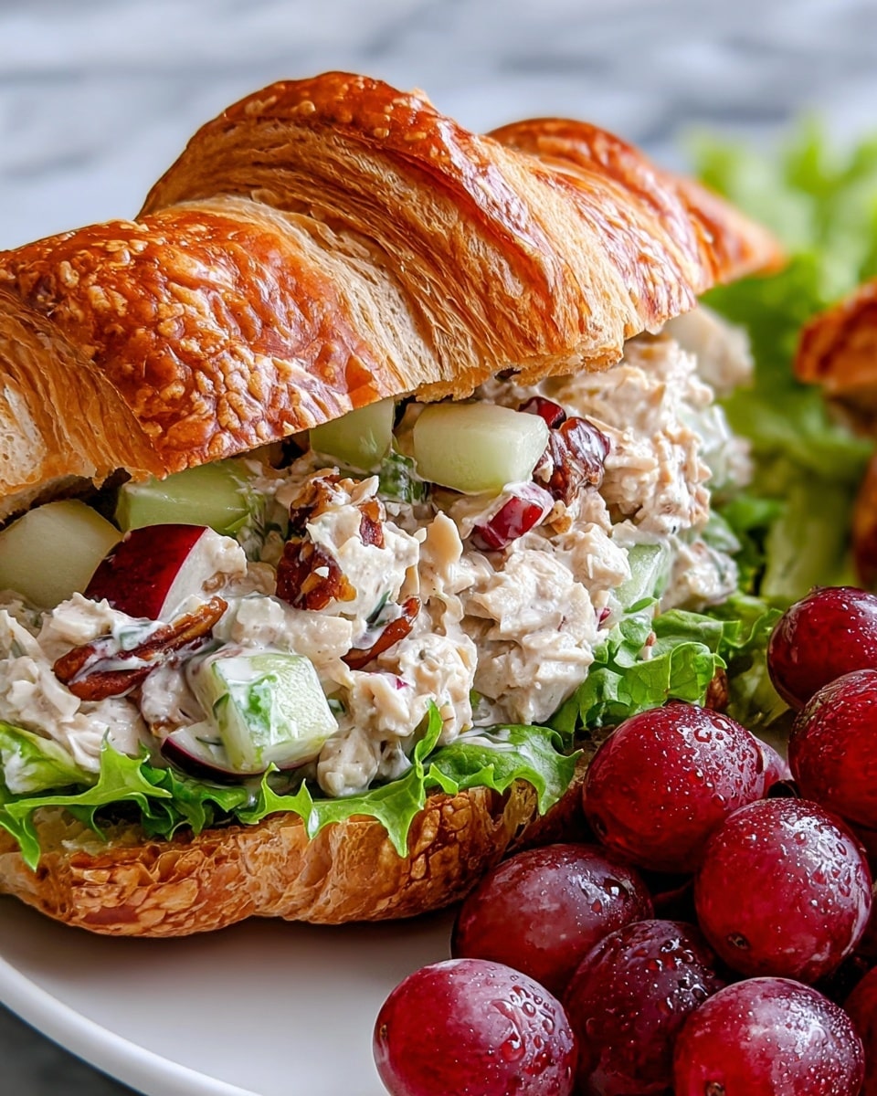 The image shows two croissant sandwiches placed on white plates set on a white marbled surface with a woven mat and blue cloth napkins underneath. Each sandwich has three main layers: the golden brown flaky croissant split in half with the top slightly tilted, a fresh green leaf of lettuce on the bottom half, and a thick scoop of chunky chicken salad with pieces of red grapes, chopped apples, and celery mixed in creamy dressing piled on top of the lettuce. Next to each sandwich is a small bunch of shiny red grapes. The overall look is fresh and colorful with a mix of textures from flaky croissant, crisp lettuce, and creamy fruit-nut chicken salad. photo taken with an iphone --ar 4:5 --v 7