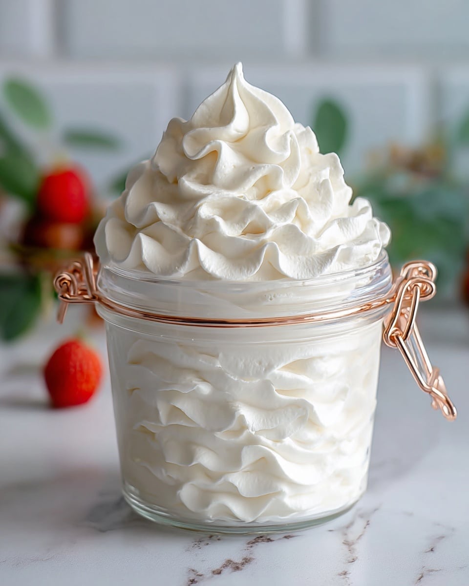 A clear glass jar filled with many layers of white whipped cream that have a smooth and fluffy texture, with swirling patterns visible on the sides. The whipped cream is piled high above the rim in a tall, peaked spiral with soft ridges. The jar has a copper-colored metal clasp around the top. The background shows a white marbled surface and a blurred kitchen setting. photo taken with an iphone --ar 4:5 --v 7