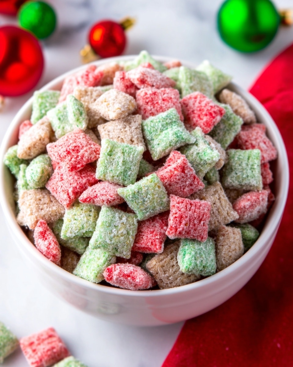The image shows a close-up view of many small cereal pieces mixed together. The cereal pieces are square or slightly rectangular with a rough, crunchy texture, and covered in a light powdery coating. They come in three colors: bright red, light green, and white, all spread evenly across the whole image, creating a colorful and textured pattern. The pieces are piled closely without any empty spaces. The background is a white marbled texture. photo taken with an iphone --ar 4:5 --v 7