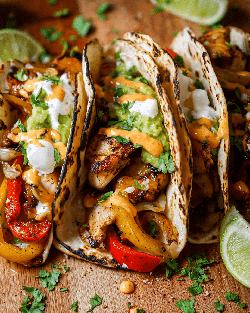 Three small grilled tortillas stand upright, each filled with several layers starting with browned, seasoned chicken pieces mixed with grilled yellow and red bell pepper slices and translucent grilled onions. On top, there is a layer of bright green guacamole, a dollop of white sour cream, and a drizzle of orange creamy sauce, garnished with small green cilantro leaves. The edges of the tortillas are charred slightly, showing dark spots. Lime wedges and scattered cilantro are around the base on a white marbled surface. Photo taken with an iphone --ar 4:5 --v 7