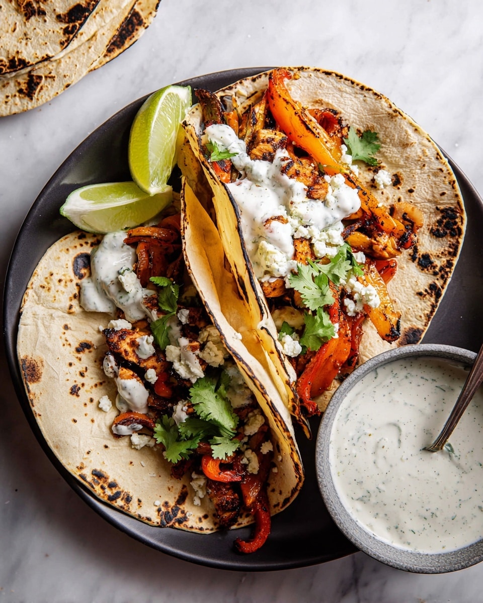 Two soft tacos lie side by side on a white plate over a white marbled surface. Each taco has a warm, charred flour tortilla folded around bright layers. The first layer has grilled chicken pieces with a golden-brown color, mixed with grilled yellow bell pepper slices and specks of black char. On top of the chicken, there is a drizzle of light creamy sauce. Fresh green cilantro leaves are scattered above, along with white crumbled cheese adding a crumbly texture throughout. Lime wedges in the background add a fresh accent to the warm tones of the dish. photo taken with an iphone --ar 4:5 --v 7