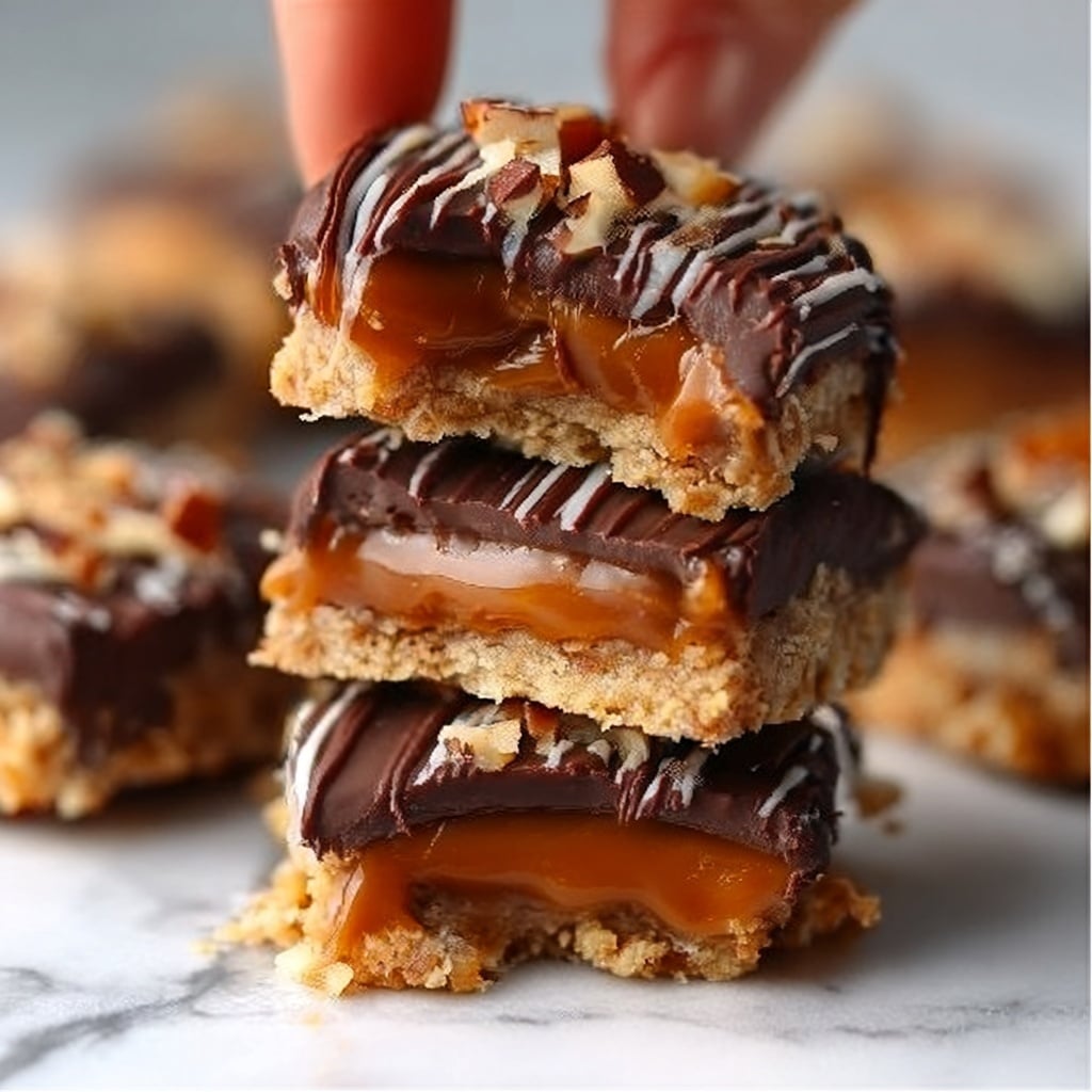 A stack of three caramel coconut chocolate bars is shown on a white marbled surface. Each bar has a bottom layer of golden brown coconut and almond mixture, topped by a thick smooth layer of bright golden caramel, and finished with a thick glossy dark chocolate layer with drizzle lines of extra chocolate on top. The bars have rough, textured edges with bits of almond and coconut visible. The top bar is broken in half, showing the gooey caramel pulled between the two pieces. The photo is close-up and focused on the stack, highlighting rich textures and colors, photo taken with an iphone --ar 4:5 --v 7