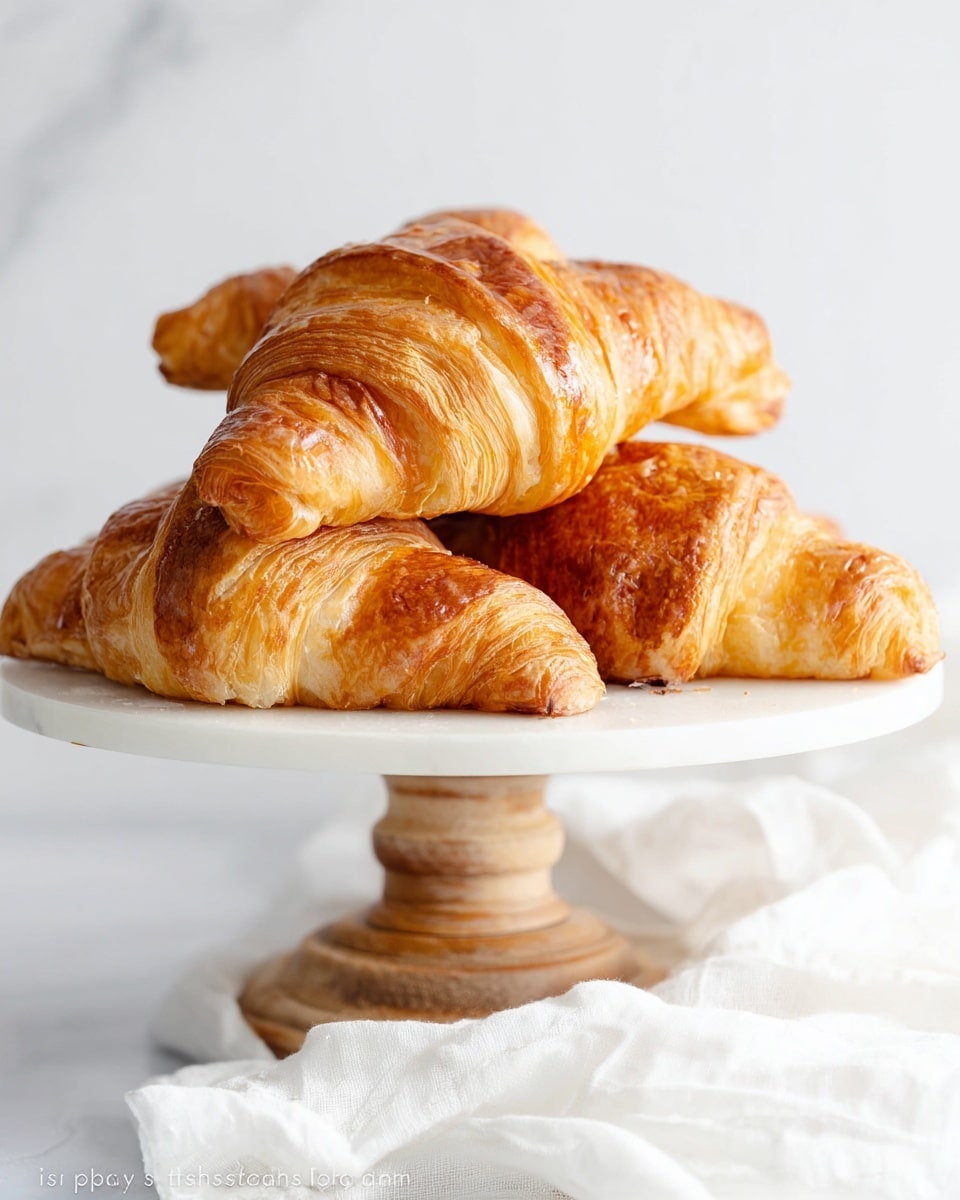 A white round cake stand holds five golden brown croissants with a flaky and layered texture clearly visible, arranged in a slightly scattered pile. Next to the croissants is a small clear jar filled with bright red jam, showing a glossy and chunky texture, with a small silver spoon resting beside it on the stand. The stand is held by a visible woman's hand beneath it, and the whole scene is set against a white marbled surface, giving a clean and bright look. photo taken with an iphone --ar 4:5 --v 7