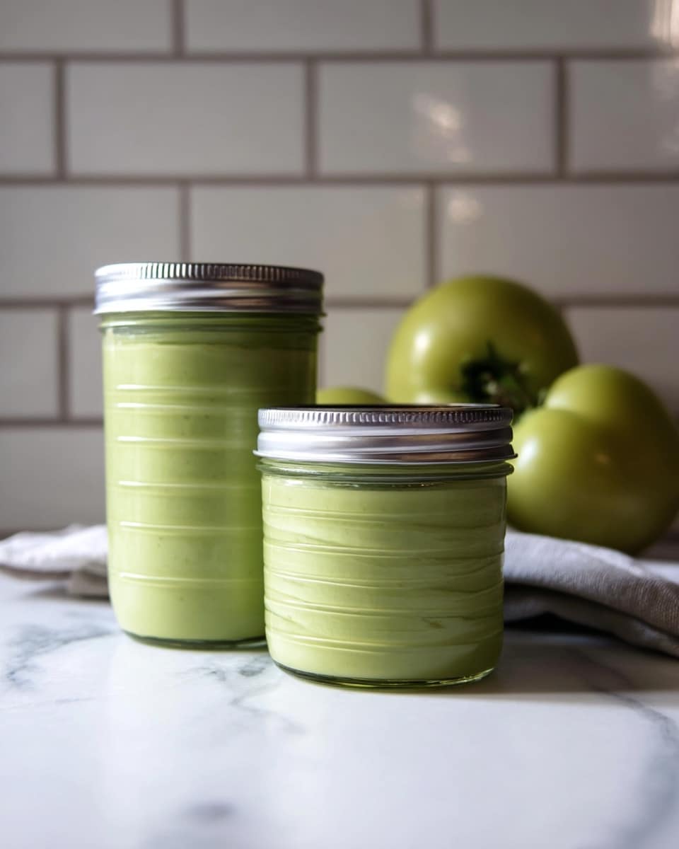 Two clear glass jars with silver lids are shown on a white marbled surface. The larger jar in the front holds a smooth, light green puree, likely made from the green tomatoes that are scattered around in the background. The smaller jar, placed behind and to the right of the larger one, contains the same green puree. Behind these jars, there are three whole green tomatoes arranged loosely in a line. The background features white subway tiles that add a simple, clean setting to the image. photo taken with an iphone --ar 4:5 --v 7