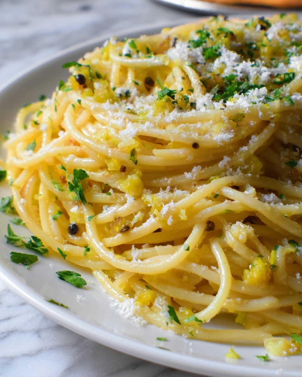 A large white plate with a black grid pattern holds a serving of spaghetti coated in a light creamy sauce mixed with small pieces of leek, giving some soft yellow and green highlights throughout. The spaghetti is topped with grated cheese, visible as fine white sprinkles, and scattered freshly chopped green herbs, likely parsley. Coarse black pepper is sprinkled across the dish. The plate sits on a white marbled surface with a yellow floral cloth nearby and a cheese shaker partially visible. photo taken with an iphone --ar 4:5 --v 7