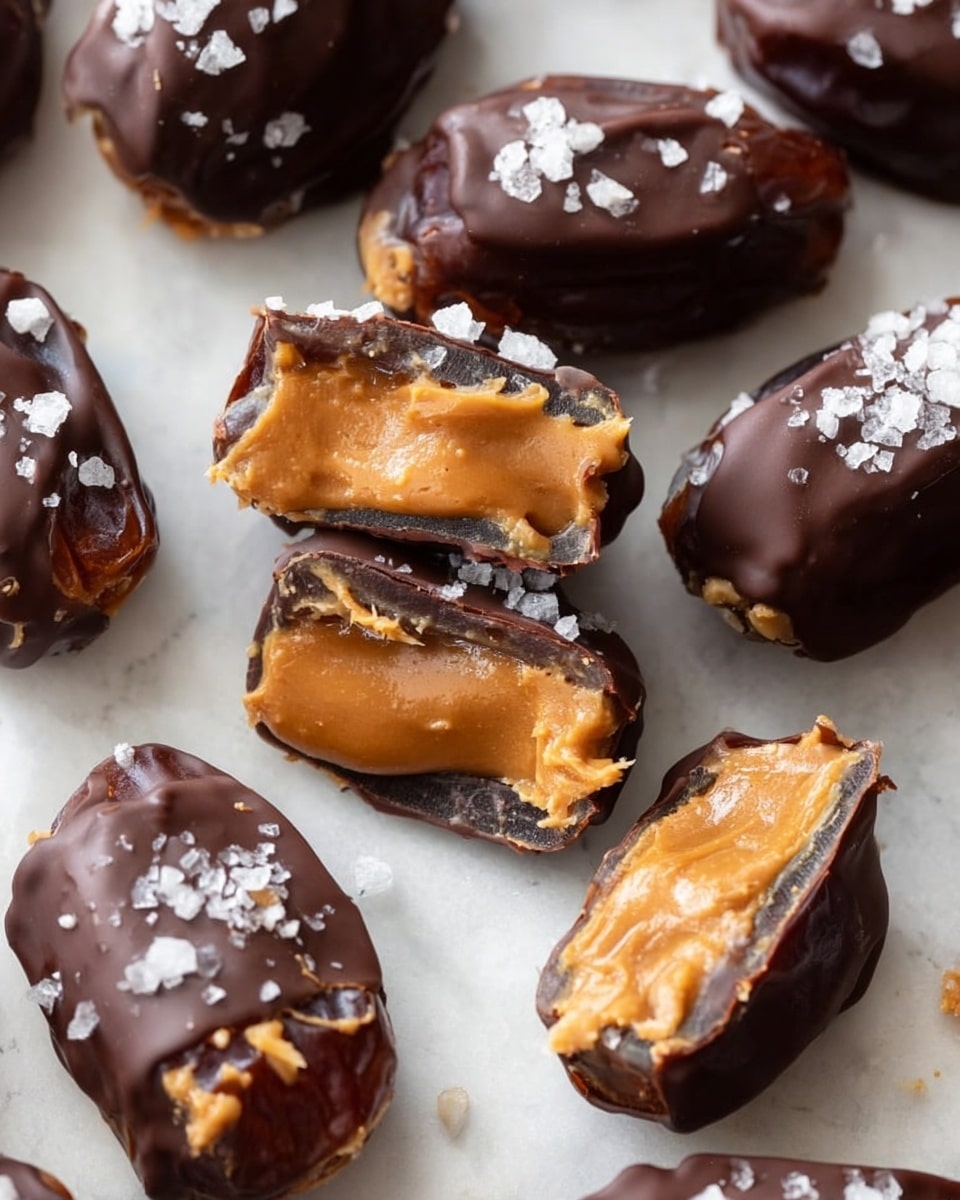 The image shows several date halves topped with a creamy, golden peanut butter layer, all covered with a smooth, dark chocolate coating. Each piece is sprinkled with coarse sea salt flakes. The dates are arranged on a sheet of white parchment paper, placed on a white marbled surface. The chocolate has a shiny texture that contrasts with the soft, rich look of the peanut butter and the chewy texture of the dates underneath. photo taken with an iphone --ar 4:5 --v 7