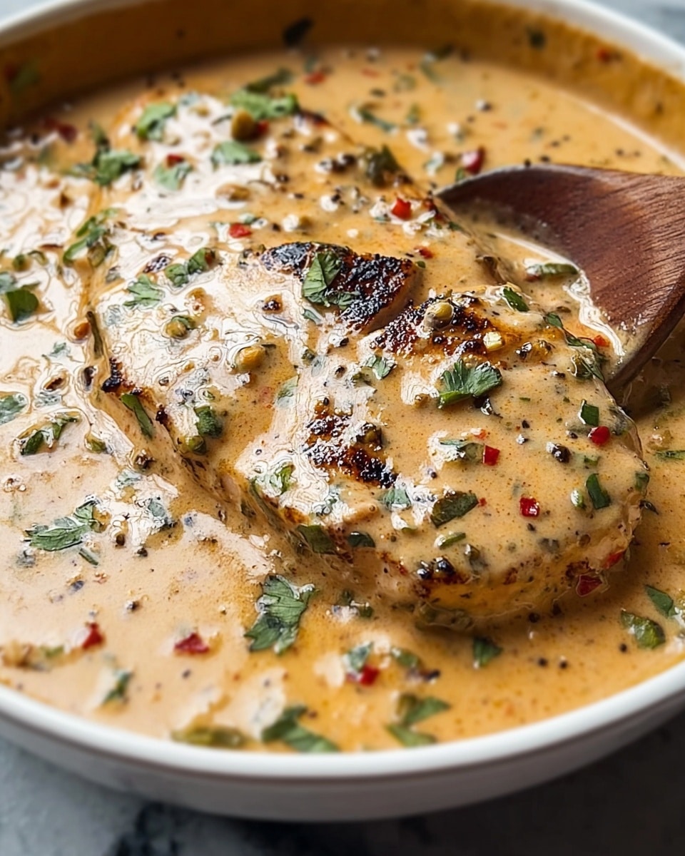 A close-up view shows a piece of grilled chicken partially covered in a thick, creamy sauce with light orange color and black pepper specks. The sauce has small green herbs and red pepper flakes scattered throughout. The chicken has grill marks and a slightly charred texture visible through the sauce. The dish is served in a white bowl with a glossy finish, and a wooden spoon is partly seen stirring the sauce. The background is a white marbled texture. photo taken with an iphone --ar 4:5 --v 7