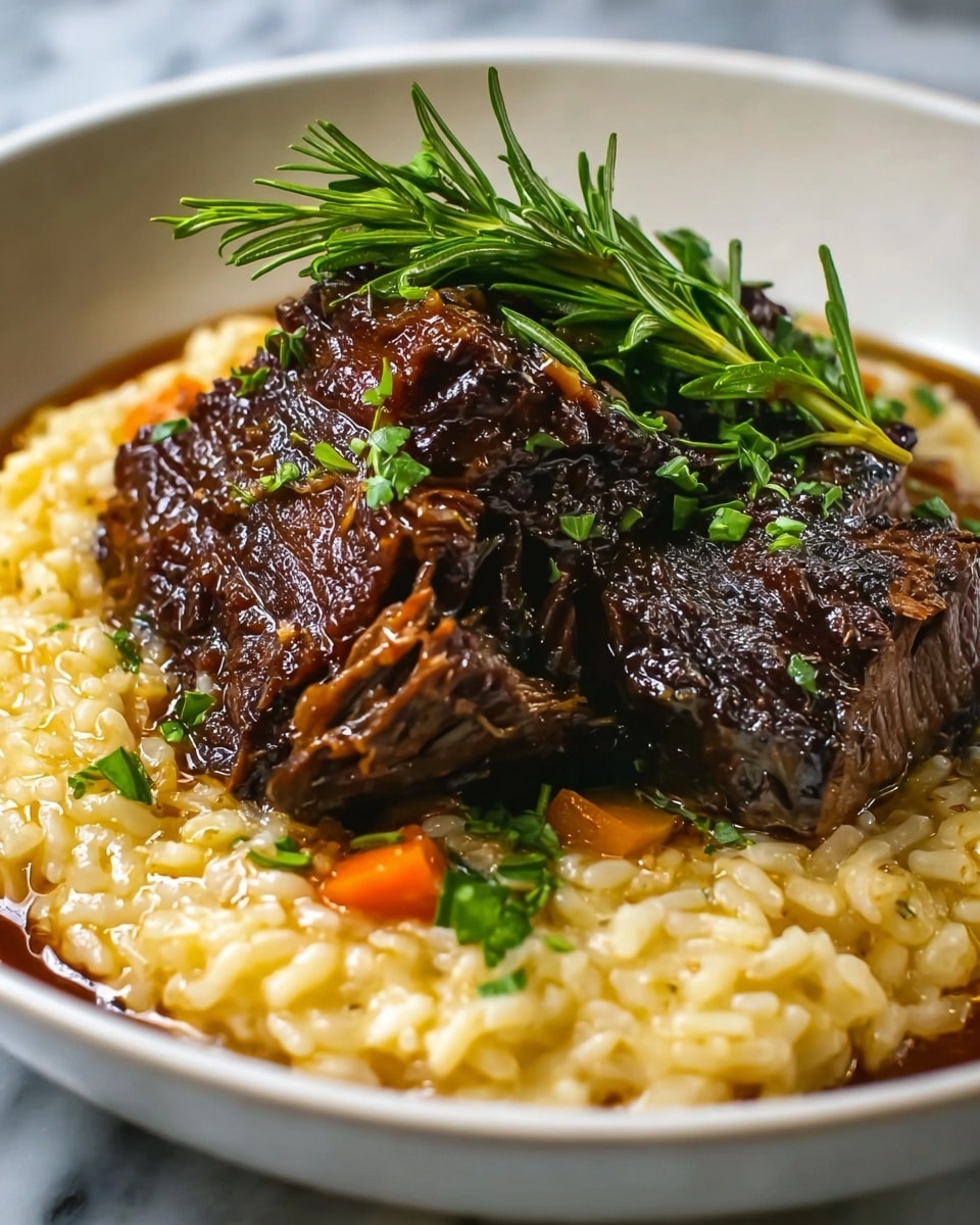 A white plate filled with three visible layers: the bottom layer is creamy yellow risotto with a soft, slightly glossy texture, the middle layer consists of large, dark brown braised beef pieces with a tender look, and the top layer showcases a rich brown mushroom and onion sauce with chunks of mushrooms and onions coated in a glossy gravy, scattered with chopped fresh green herbs. Photo taken with an iphone --ar 4:5 --v 7