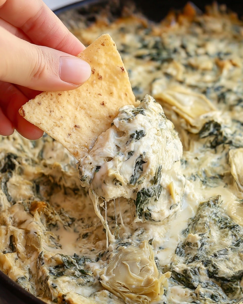 A close-up image showing a woman's hand holding a light tan, triangular tortilla chip dipping into a creamy spinach and artichoke dip. The dip has a thick texture with a mix of pale yellow creamy cheese and green spinach leaves spread throughout, with visible soft pieces of artichoke. The background surface is a white marbled texture. Photo taken with an iphone --ar 4:5 --v 7