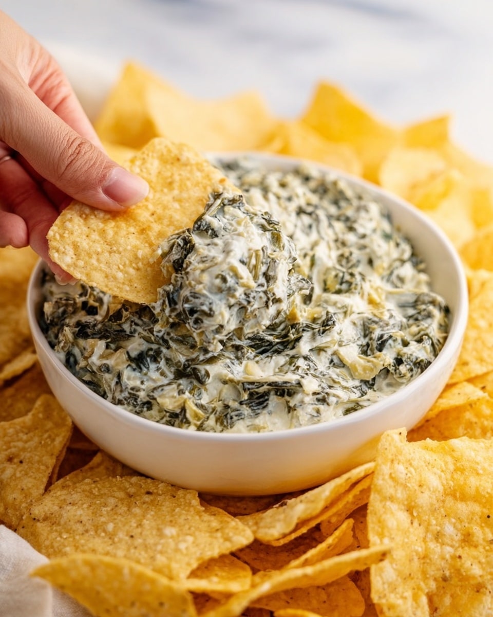 A white bowl is filled with creamy spinach artichoke dip that has visible chunks of spinach and artichoke, giving it a textured green and white mix. Around the bowl, there are many yellowish tortilla chips with a rough, crunchy surface. A woman's hand is dipping one of the tortilla chips into the dip, lifting it slightly, showing the thick dip coating the chip. The setting is on a white marbled surface with soft lighting that highlights the creamy texture of the dip and the crisp edges of the chips. photo taken with an iphone --ar 4:5 --v 7