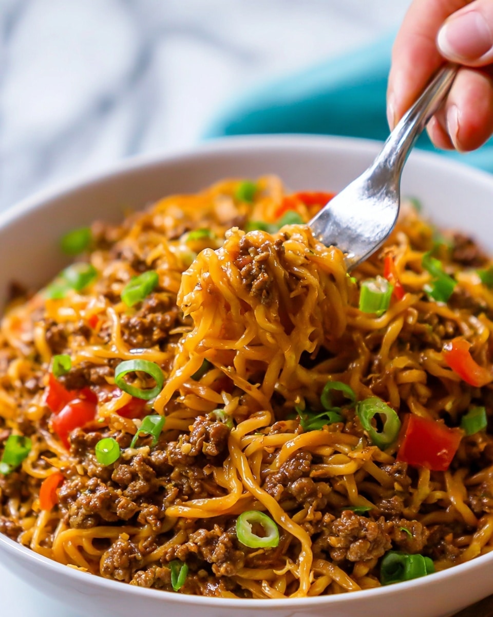 A white bowl filled with a mixture of cooked noodles and ground meat, both coated in a light brown sauce. Small chunks of red bell pepper and green onion slices are scattered evenly throughout the dish, adding bright red and green accents. The noodles have a soft, slightly shiny texture, while the ground meat appears crumbly and moist. A woman's hand holds a fork lifting a portion of the noodles and meat from the bowl, showing the detailed textures and colors up close. The background is blurred with a white marbled surface visible below. Photo taken with an iphone --ar 4:5 --v 7