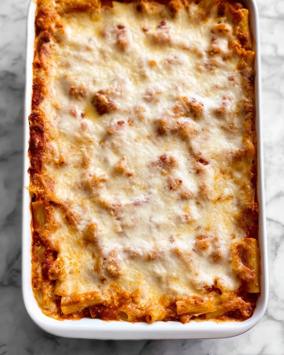 A white baking dish filled with baked pasta, showing several layers: the bottom layer is red tomato sauce mixed with browned ground meat, followed by a middle layer of rigatoni pasta coated in sauce, topped with a thick, golden-browned layer of melted cheese that covers the pasta. The cheese is stringy and bubbly, with a few green parsley leaves scattered on top for color. A wooden spoon is scooping out a portion from the corner, lifting the cheesy pasta layers. The dish is placed on a white marbled surface. photo taken with an iphone --ar 4:5 --v 7