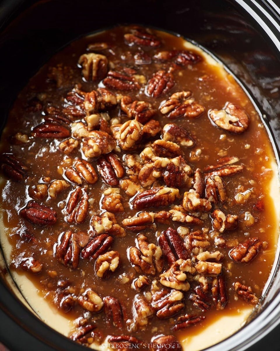 The image shows a black slow cooker filled with a dessert mixture layered with soft, light yellow cake or dough at the bottom, covered by a thick, glossy, brown sauce that looks syrupy. On top, there is a generous sprinkling of whole and chopped pecan nuts, varying in rich brown tones from light to dark, giving a textured and crunchy appearance. The sauce has small bits of what appears to be finely chopped nuts or fruit mixed inside, adding to the texture. The overall look is warm, rich, and inviting with a glossy, sticky surface and nutty topping, all inside the glossy black slow cooker bowl. photo taken with an iphone --ar 4:5 --v 7