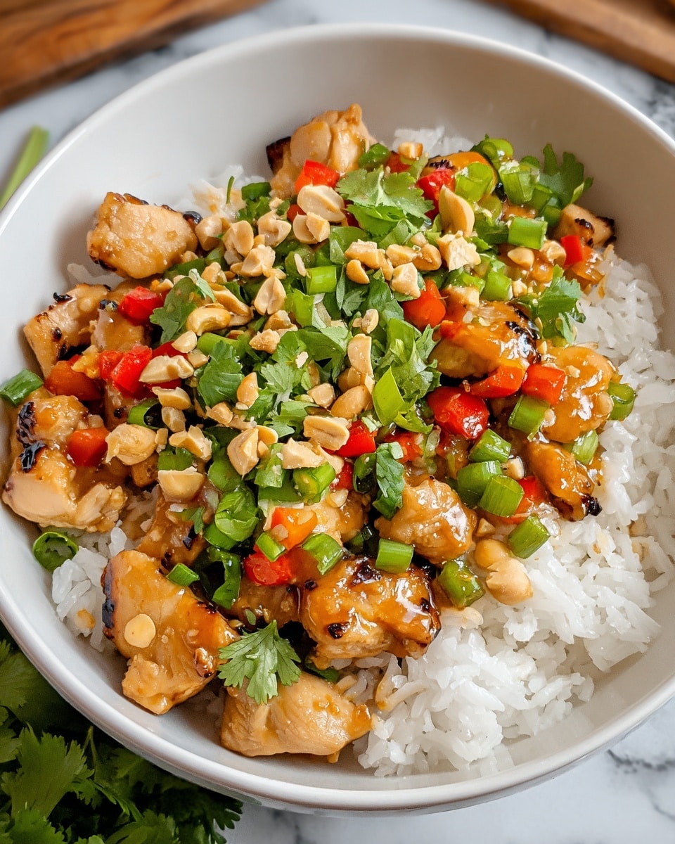 A white bowl filled with three layers: the bottom layer is plain white rice with soft and fluffy grains, the middle layer has grilled chicken pieces with a glossy light brown sauce giving them a shiny look, and the top layer is colorful and fresh with green chopped scallions, red and green bell pepper pieces, crushed light brown peanuts, and bright green cilantro leaves scattered across. The bowl sits on a white marbled texture with a hint of a wooden surface and some green cilantro in the corner. photo taken with an iphone --ar 4:5 --v 7