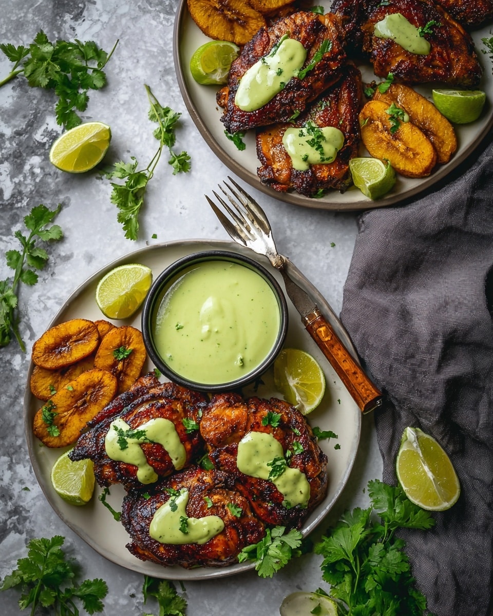 The image shows two white plates on a white marbled surface, each with grilled chicken pieces that are dark brown and crispy, drizzled with a light green creamy sauce. The top plate has two chicken pieces, a few fried plantains with a golden brown color, and lime wedges on the side, all garnished with green cilantro leaves. A silver fork with a wooden handle rests on this plate. The bottom plate shows several chicken pieces with the same green sauce, lime slices, fried plantains, and cilantro arranged around a small black bowl filled with a smooth, light green sauce topped with cilantro. The background includes some scattered cilantro and a dark gray cloth to the right. photo taken with an iphone --ar 4:5 --v 7