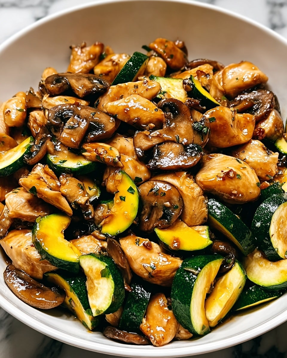 A white bowl filled with a stir-fry mix of bite-sized chicken pieces that are light golden brown, scattered with bright green chopped herbs on top. Mixed among the chicken are thick slices of dark green zucchini, light brown sautéed mushrooms with a glossy finish, and small chunks of cooked onions creating a rich, saucy base. The dish has a shiny, slightly oily look, with a mix of textures from soft to tender vegetables and meaty chicken, all sitting evenly distributed within the bowl. The bowl is placed on a white marbled surface. photo taken with an iphone --ar 4:5 --v 7
