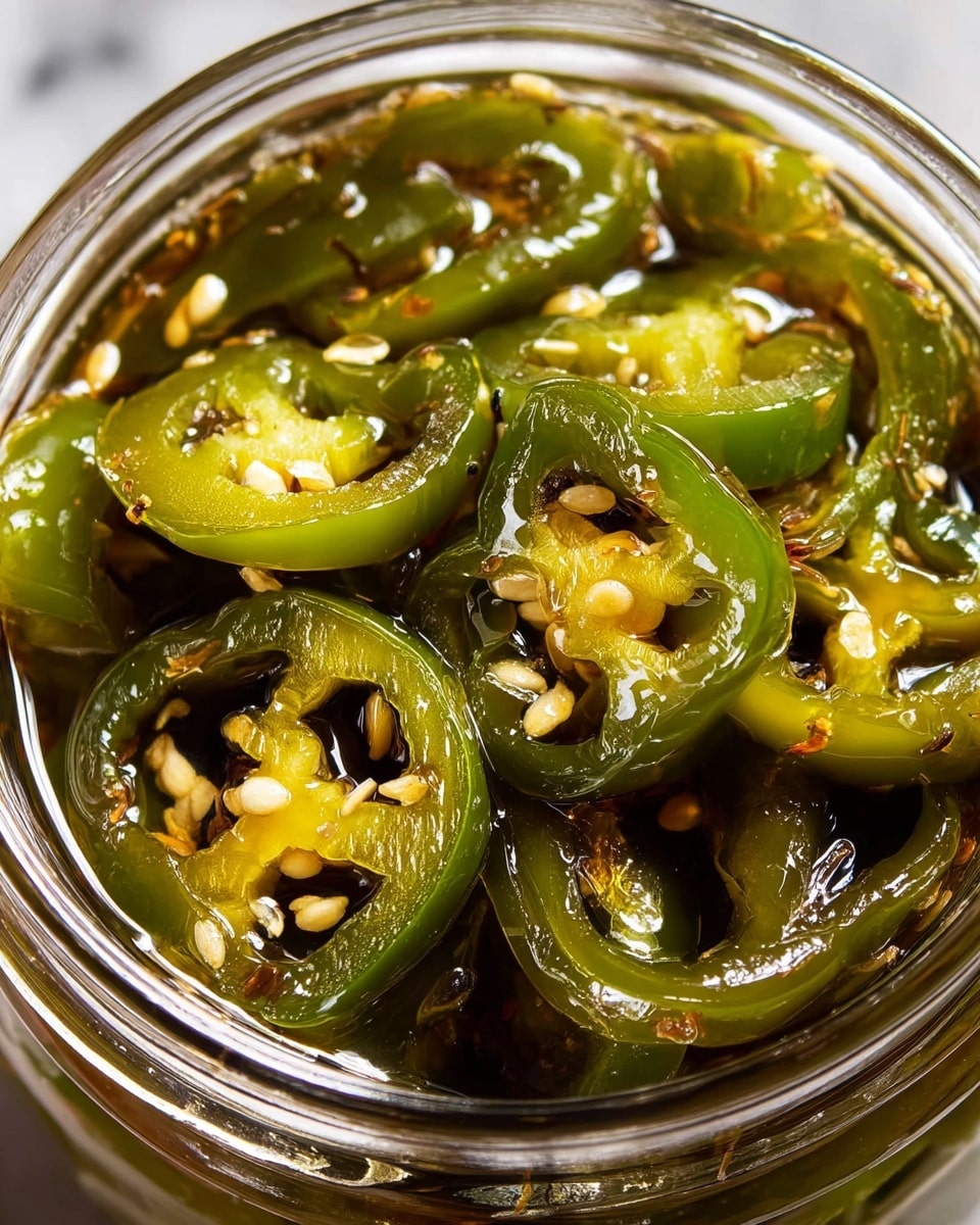 The image shows close-up sliced jalapeño peppers soaked in a shiny, oily liquid inside a clear glass jar. The jalapeño slices are green with a slightly translucent texture, showing seeds inside each ring. The liquid coating makes the peppers look glossy and wet, highlighting the smooth but wrinkled surface of the slices. The peppers fill up the jar almost to the brim, with some slices overlapping each other, creating a dense and vibrant green-yellow mix. The jar rests on a white marbled surface. photo taken with an iphone --ar 4:5 --v 7